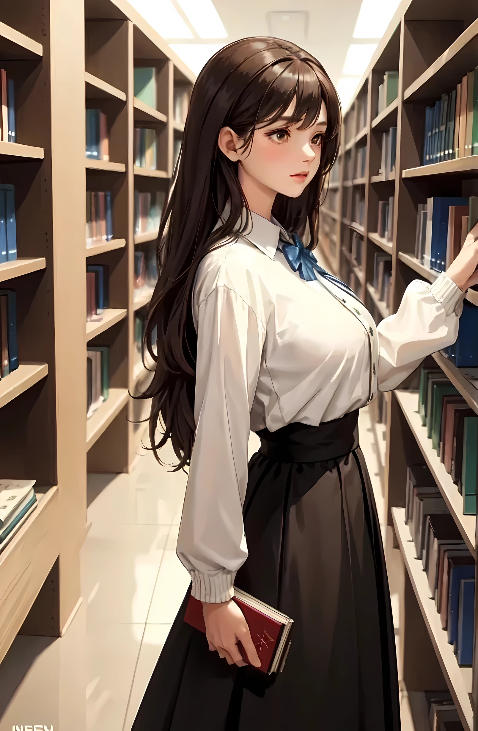 1lady solo, cardigan /(high-waist long skirt/), (mature female:0.6), /(brown hair/) bangs, facing away, (masterpiece best quality:1.3) delicate illustration ultra-detailed, large breasts BREAK /(public library/) indoors, bookshelves