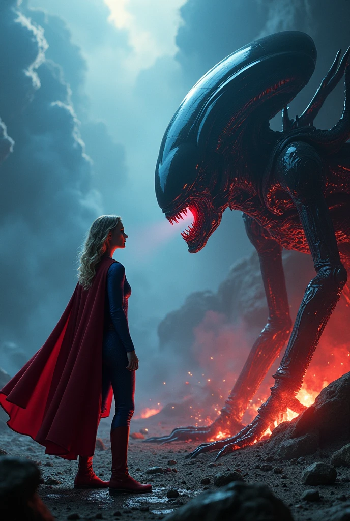 Gaia Weiss, under the mantle of the Kryptonian Kara Zor-El, alias Supergirl, battles the Xenomorph Alien, the eighth passenger, to the death. Supergirl fires X-rays from her eyes against the Alien, the eighth passenger. Blood, terrifying images.