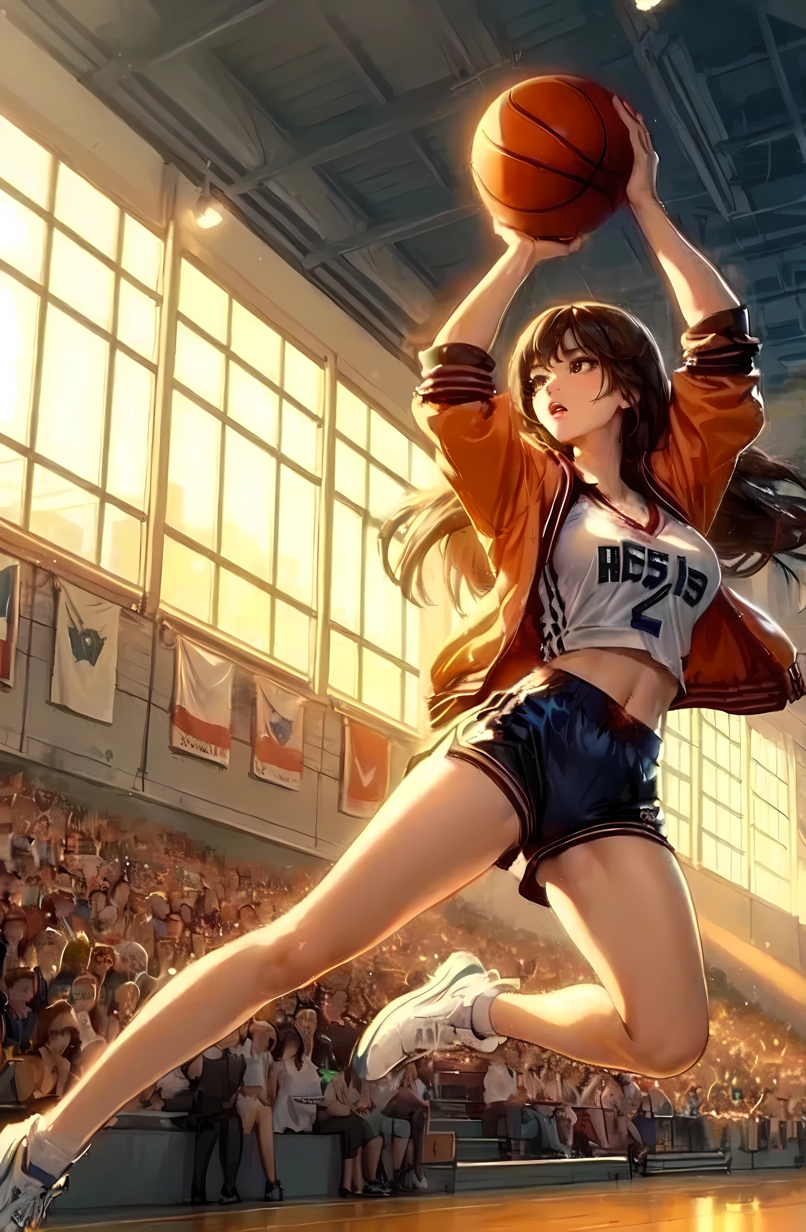 1lady solo, (dynamic posing:1.2), /(basketball uniform/), mature female, /(brown hair/) bangs, determined expression, (masterpiece best quality:1.2) delicate illustration ultra-detailed, large breasts BREAK /(civic gymnasium/) indoors, audience