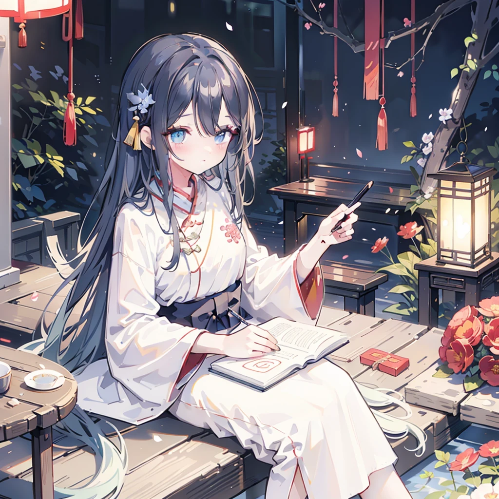 a photo：A beautiful girl in traditional Chinese clothing in a quiet night，In a garden surrounded by ancient walls，Reading ancient Chinese books under the lamp on the low table。,((She holds a pen in her right hand，Left hand on the table)),((masterpiece)),Practical,4K,Extremely detailed,((Beautiful big eyes))