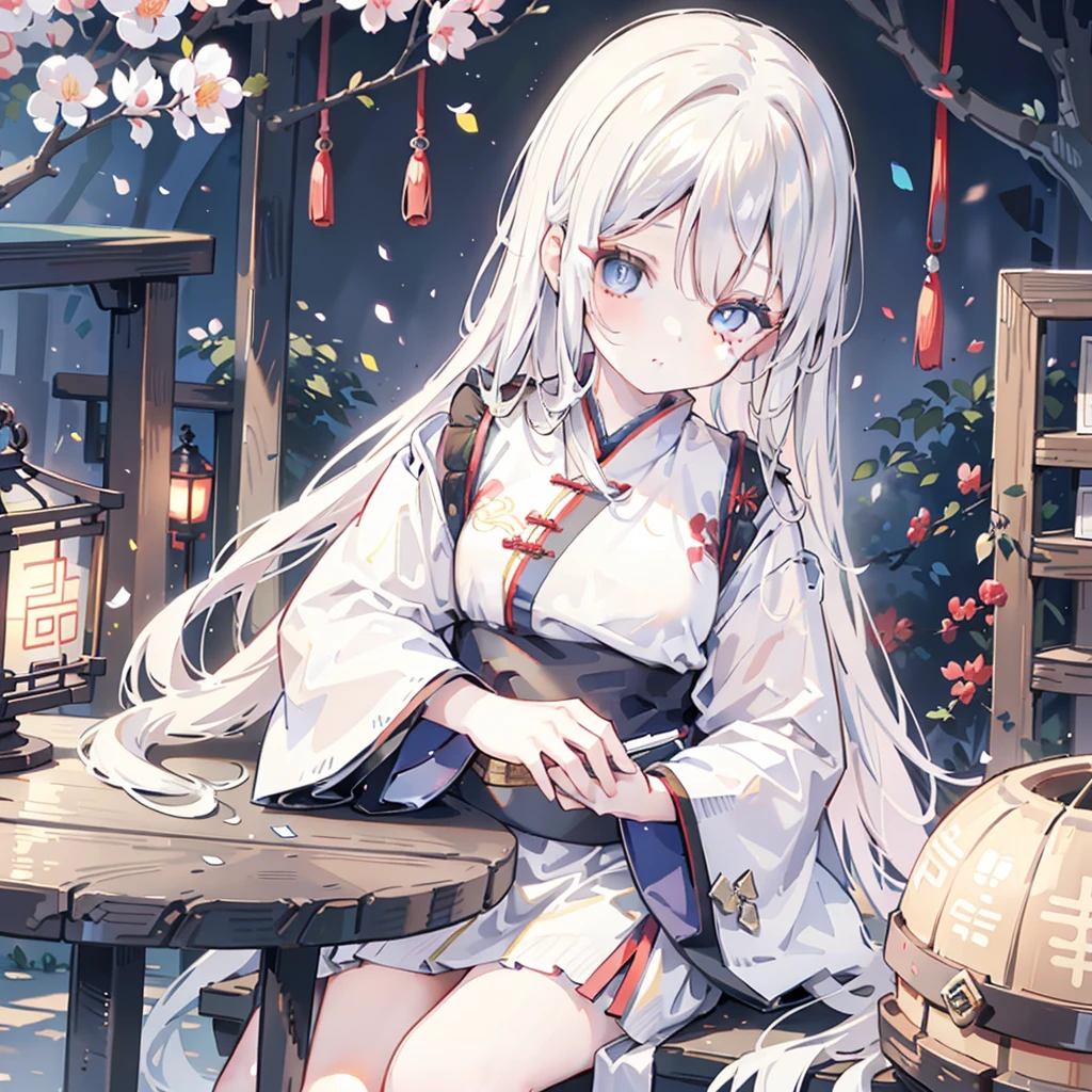 a photo：A beautiful girl in traditional Chinese clothing in a quiet night，In a garden surrounded by ancient walls，Reading ancient Chinese books under the lamp on the low table。,((She holds a pen in her right hand，Left hand on the table)),((masterpiece)),Practical,4K,Extremely detailed,((Beautiful big eyes))