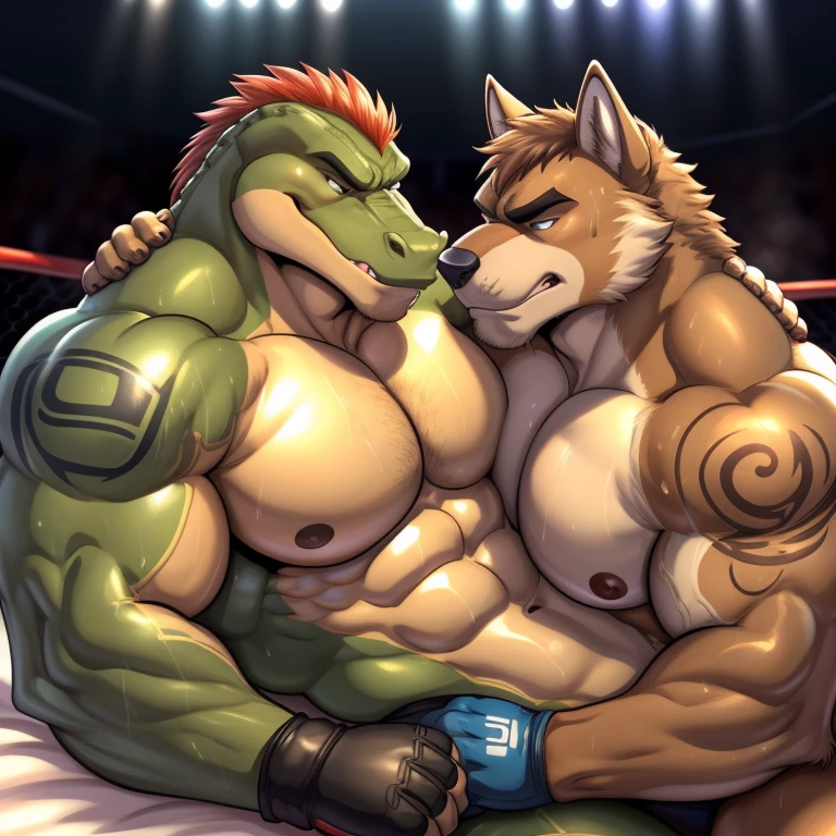 Duo male(Green Gator vs Brown Wolf), handsomes(handsome hairstyle, Thick eyebrows, detailed face), gay(Lying down, cuddling, body with body, wrestling at each other, face to face, on a bed match), hot(Shirtless), handsomes(They are handsomes, correct anatomy), musculosos(Big muscle bodies, Six packs, muscle abs, big pecs), sweaty(very sweaty wet bodies, shiny sweat), tatuajes(they have tattoos), grumpy(Both have an grumpy expression, grumpy teeths, steaming breath), UFC gloves(They both are wearing UFC gloves), Hight resolution, by(Zourik:1.1)