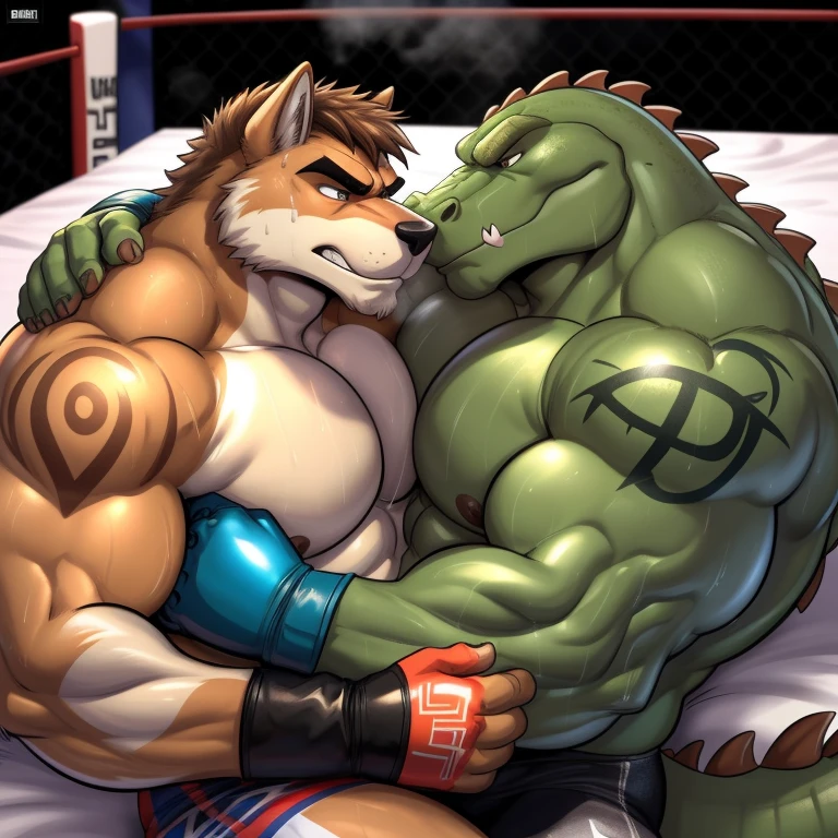 Duo male(Green Gator vs Brown Wolf), handsomes(handsome hairstyle, Thick eyebrows, detailed face), gay(Lying down, cuddling, body with body, wrestling at each other, face to face, on a bed match), hot(Shirtless), handsomes(They are handsomes, correct anatomy), musculosos(Big muscle bodies, Six packs, muscle abs, big pecs), sweaty(very sweaty wet bodies, shiny sweat), tatuajes(they have tattoos), grumpy(Both have an grumpy expression, grumpy teeths, steaming breath), UFC gloves(They both are wearing UFC gloves), Hight resolution, by(Zourik:1.1)