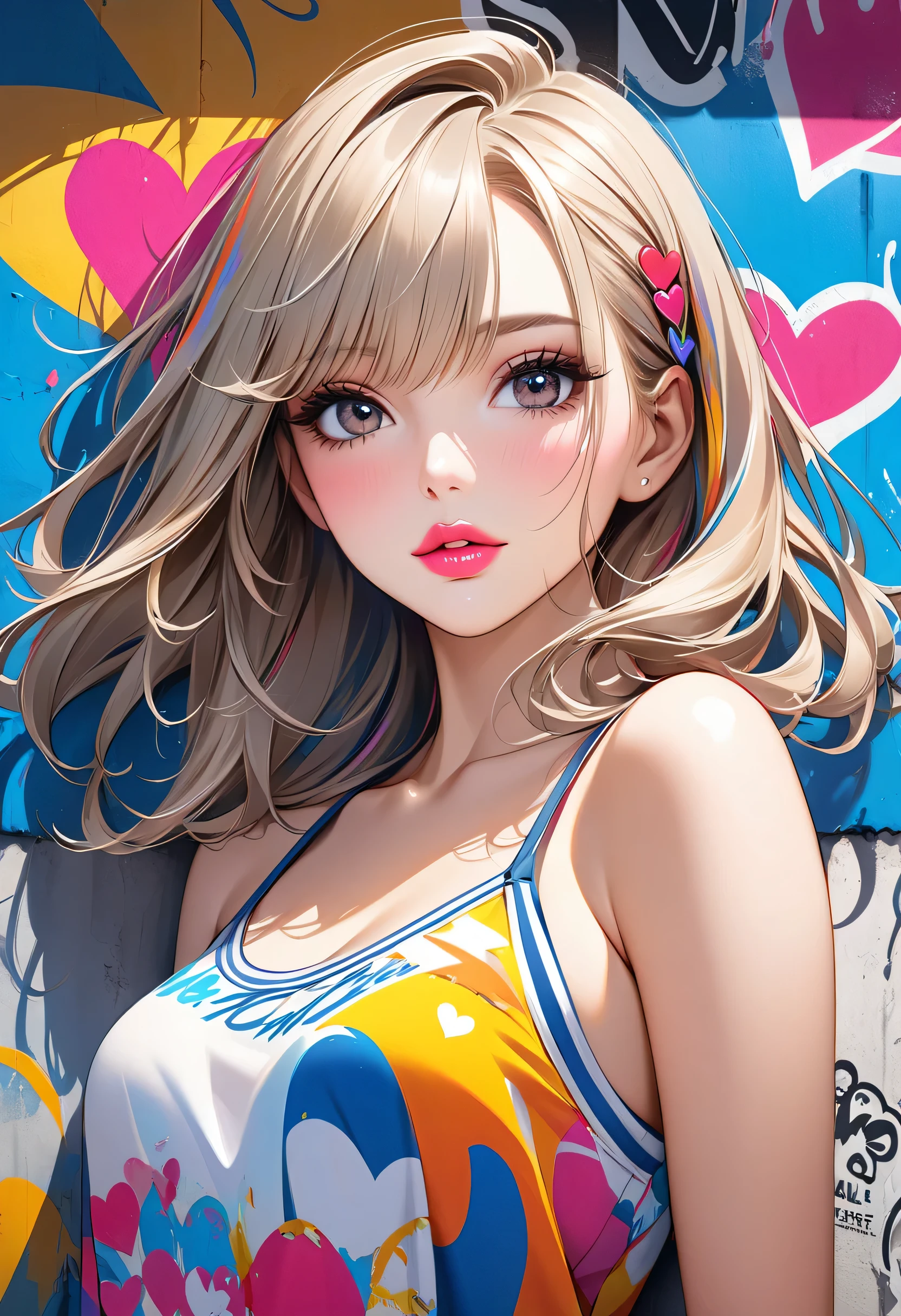 Ultra-realism Micho colorful style, Simple Line Initialism,Abstract art,(((The most beautiful girl of all time))), Sweet face. Lips in love, colorful hearts, stylish design, Summer beach fashion, Dark Eyes, Graffiti on the wall