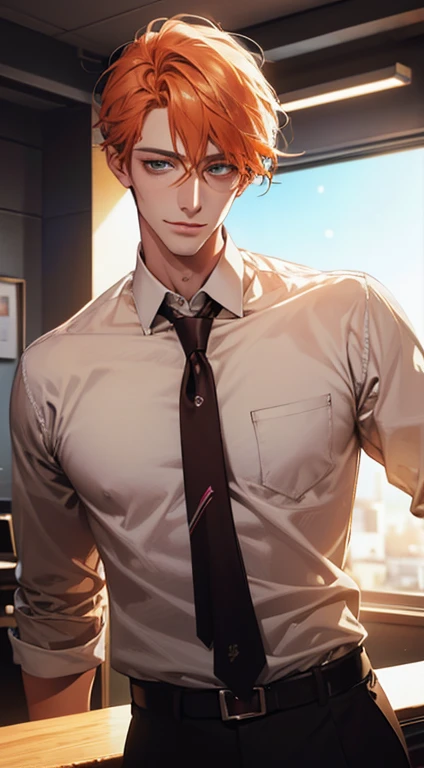 (Highest quality,4K,8K,High resolution,masterpiece:1.2),Super detailed,(Realistic,photoRealistic,photo-Realistic:1.37),1 person,34 years old,Mature Men,Beautiful skin、very handsome,Expressionless smile in love,Short orange hair,green eyes,Sharp Eyes,A perfect face without a doubt,Businessman, CEO, Office Background,Cinema Lighting,HDR image,tie、