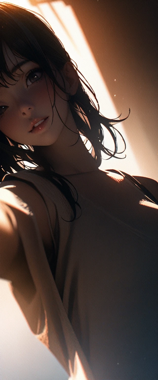 (high quality, 8k, 4K, High Contrast, masterpiece:1.2, 最high quality, Best aesthetics), 1 female, (Realistic skin texture:1.3), (Film Grain:1.3), (Selfie angle, High Angle), one person's, Beautiful and detailed eyes and face, 最high quality, close, Upper Body,