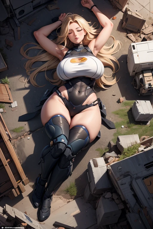 Super-detailed, 8k, 1 girl, mature, long blond hair, perfect figure, busty body, curvy body, large and droopy breast, slender hips, thick thighs, huge round ass, mech suit, defeated and passed out, lay down in the rubble, eye shut, ripped clothes, leg open, view from above