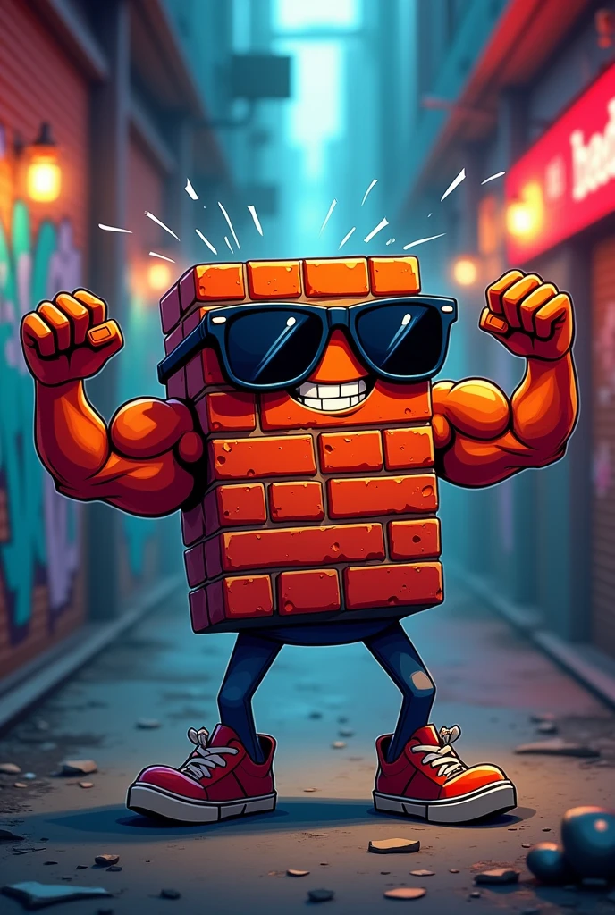Create a brick block with sunglasses, muscular arms open, with an evil grin on its face