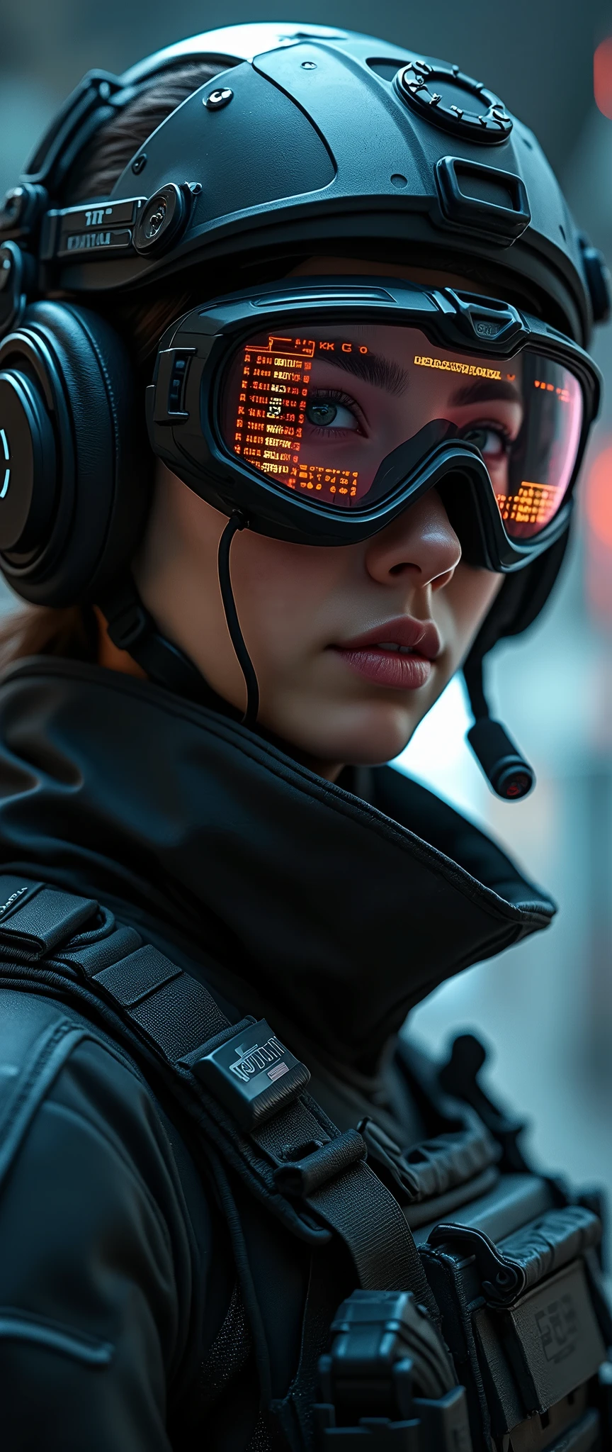 (masterpiece:1.2,Distinguished Quality,Mirror-like,Cinematic Experienc),8k,wallpaper,Ray Tracing,(woman),Are standing,(美しいwoman),(Wearing futuristic tactical goggles:2.0,Tactical data is displayed on the goggles:2.0,Detailed drawing of goggles:2.0),(tactical bodysuit),(Tactical Helmet:2.0),(Tactical Headset),(Intercom microphone),(A face with attention to detail,Detailed skin texture,Beautiful Skin),(Looking into the camera),(front),(Face close-up:2.0),(Server puncture:2.0),(darkness:2.0)