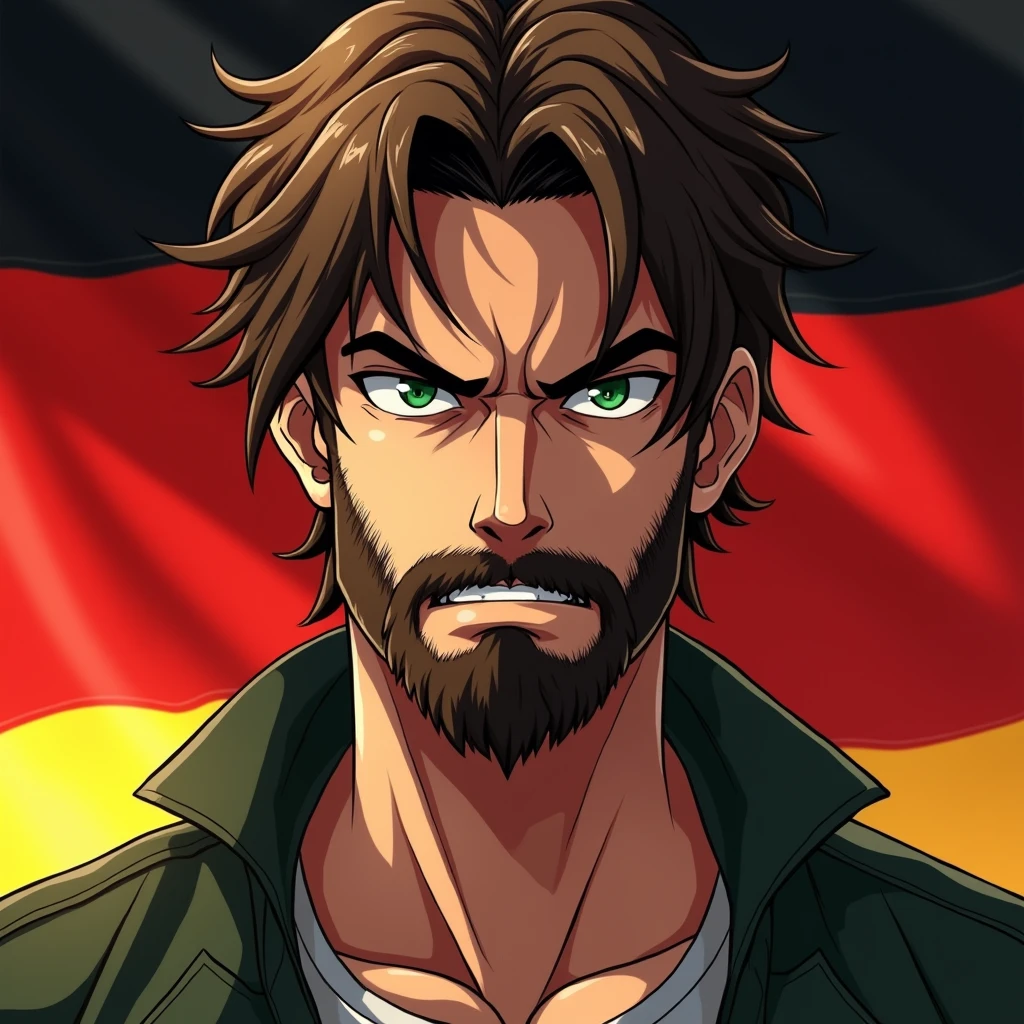 handsome brunette angry guy with green eyes and beard on the background of the flag of Germany in anime style
