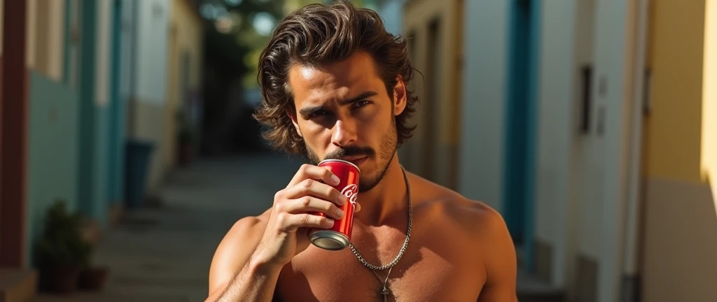 Sensual photo of a guy with a mustache and light brown rebellious hair, He is in an alley in the favela , He is shirtless, he is drinking a can of Coca-Cola, sensual look at the camera, sensual man , skin tanned, strong muscular body , warm sunshine, warmth , sweaty body , humida, refreshing