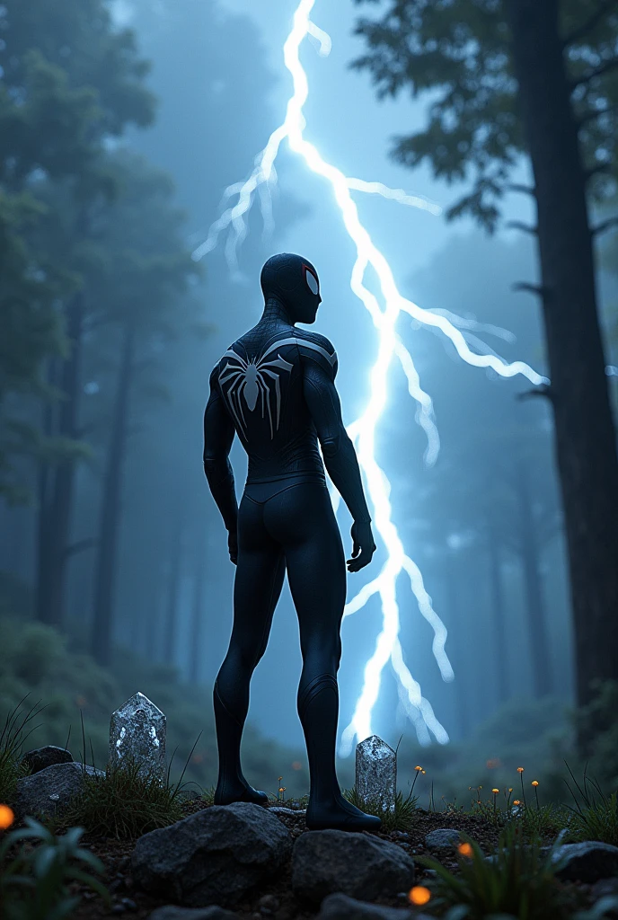 Ultra realistic, high quality, 300dpi , 300density , black Spiderman, lightning thunder,8k, ultra quality, background-thunder, crystal, forest