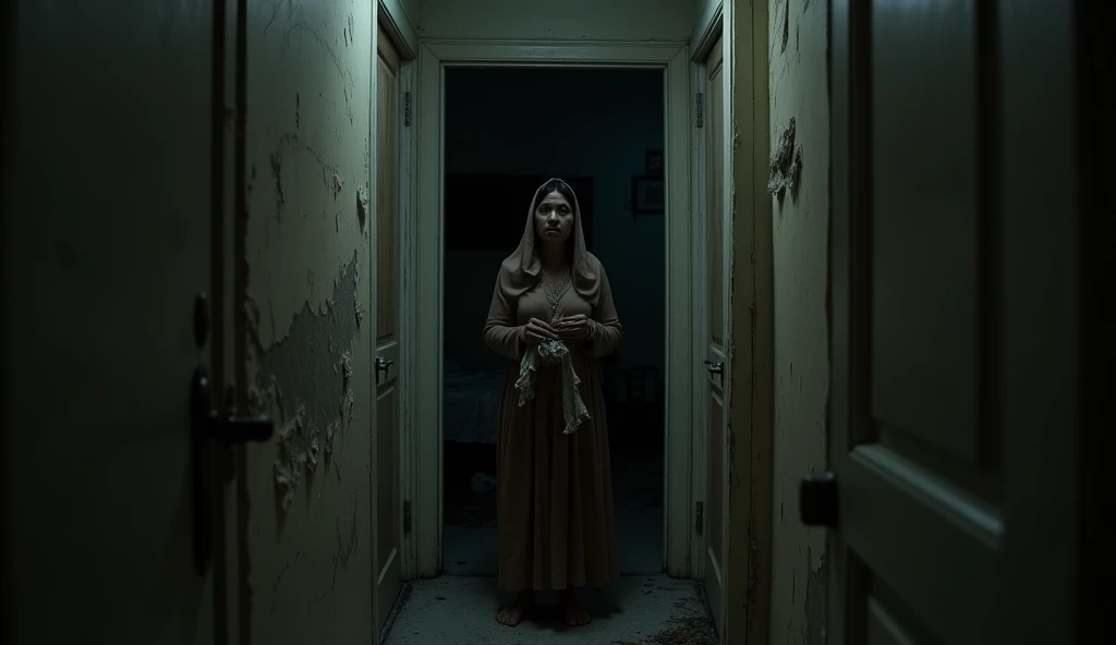 Character: Sunaina is seen from a distance, her figure slightly slumped as she stands near the doorway of a darkened room. She is in her early 30s, with a fragile demeanor, clutching a piece of her clothing nervously.
Background: The doorway leads to a pitch-black room, with only the faintest outline of a bed visible. The hallway outside is dimly lit, with old wallpaper peeling slightly, adding to the atmosphere of decay. There’s an eerie silence, broken only by the faint sound of creaking wood, heightening the sense of dread.