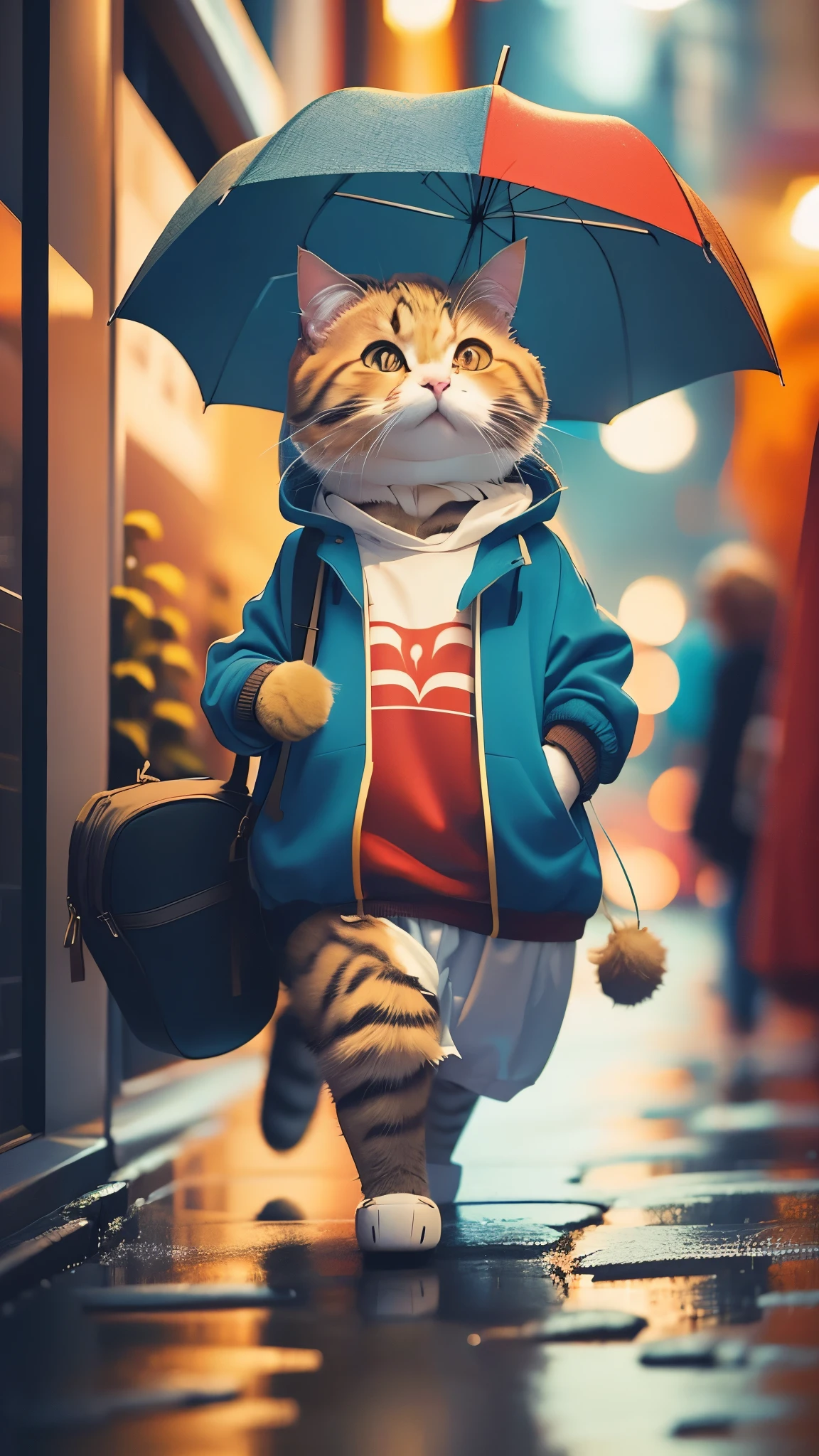 Fluffy brown cat, Very detailed cat and fur, Wearing a blue and red hoodie,Walking around the city with an umbrella in hand, Highly detailed images, Kodak 400, Atmospheric light, 50mm lens