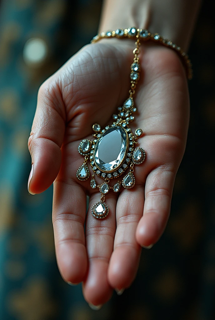 A detailed close-up shot of a hand, A mosaic of shattered mirrors , exploring the complexities .ornate jewelry, natural lighting, cinematic composition, high-quality, photorealistic, 8K, HDR, sharp focus, studio lighting, realistic rendering,