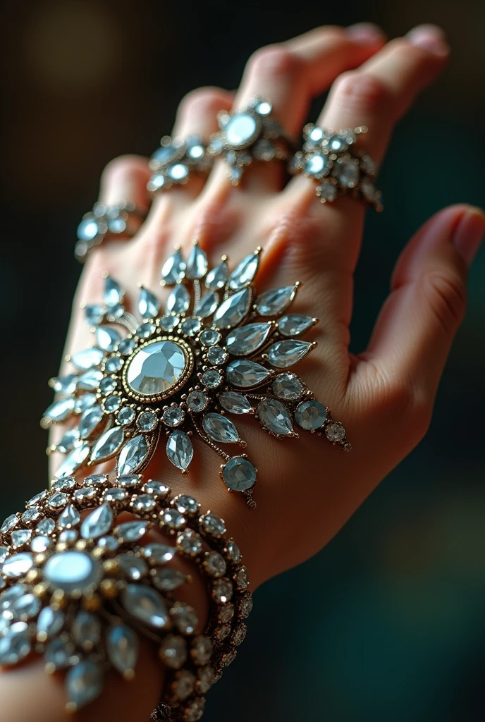 A detailed close-up shot of a hand, A mosaic of shattered mirrors , exploring the complexities .ornate jewelry, natural lighting, cinematic composition, high-quality, photorealistic, 8K, HDR, sharp focus, studio lighting, realistic rendering,