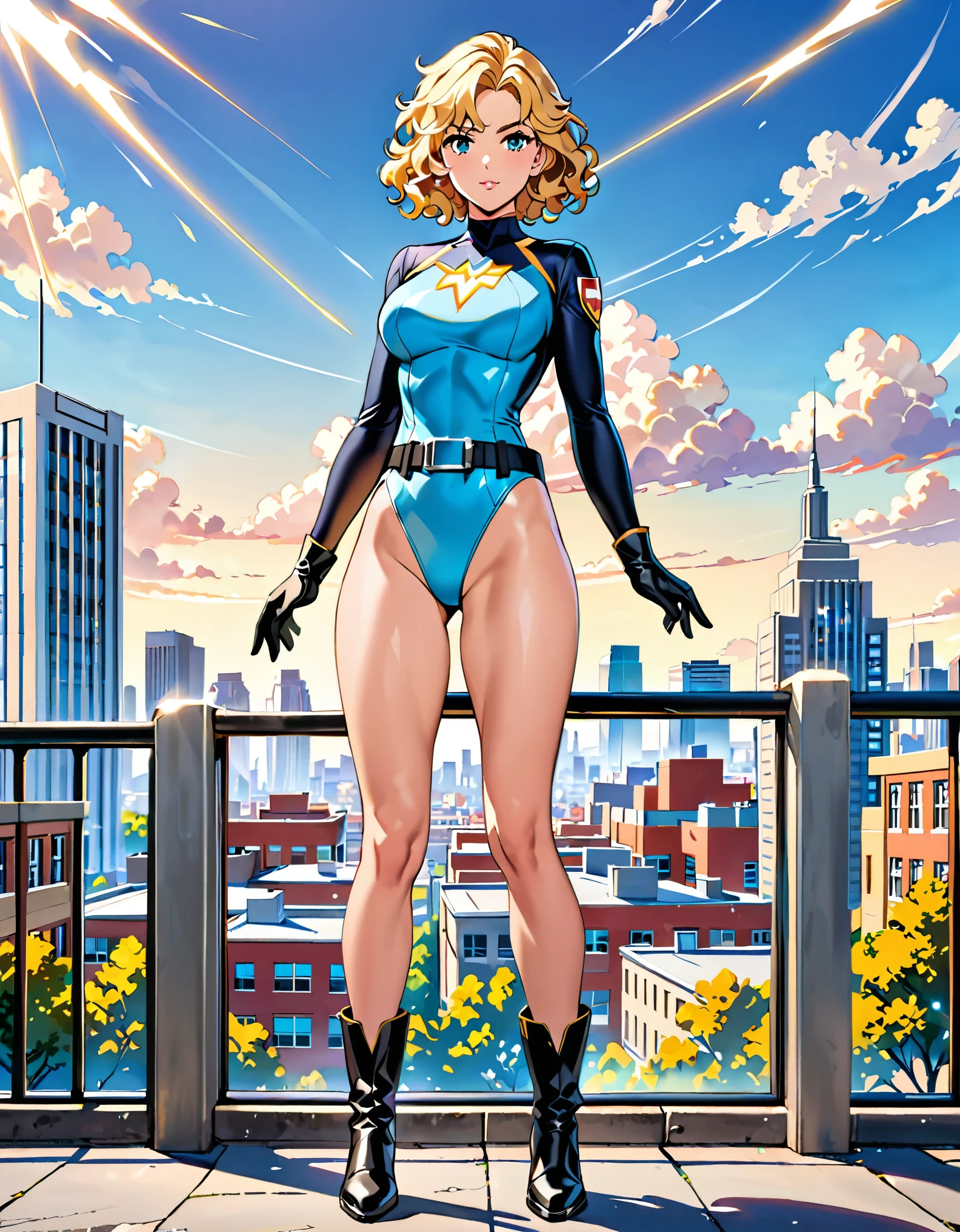 masterpiece, best quality, hires, 1girl, medium breasts, ((leotard, light blue leotard)), long sleeves, (lighting bolt /(emblem on chest/), (bare legs), ((fastened tight belt)), black boots, matching boots, black gloves, city backdrop, solo, single, standing, full body shot, cowboy shot, superhero, beautiful detailed eyes, beautiful detailed face, blonde hair, (short hair), wavy hair, high school backdrop, outdoors, mature lady, teacher, perfect body