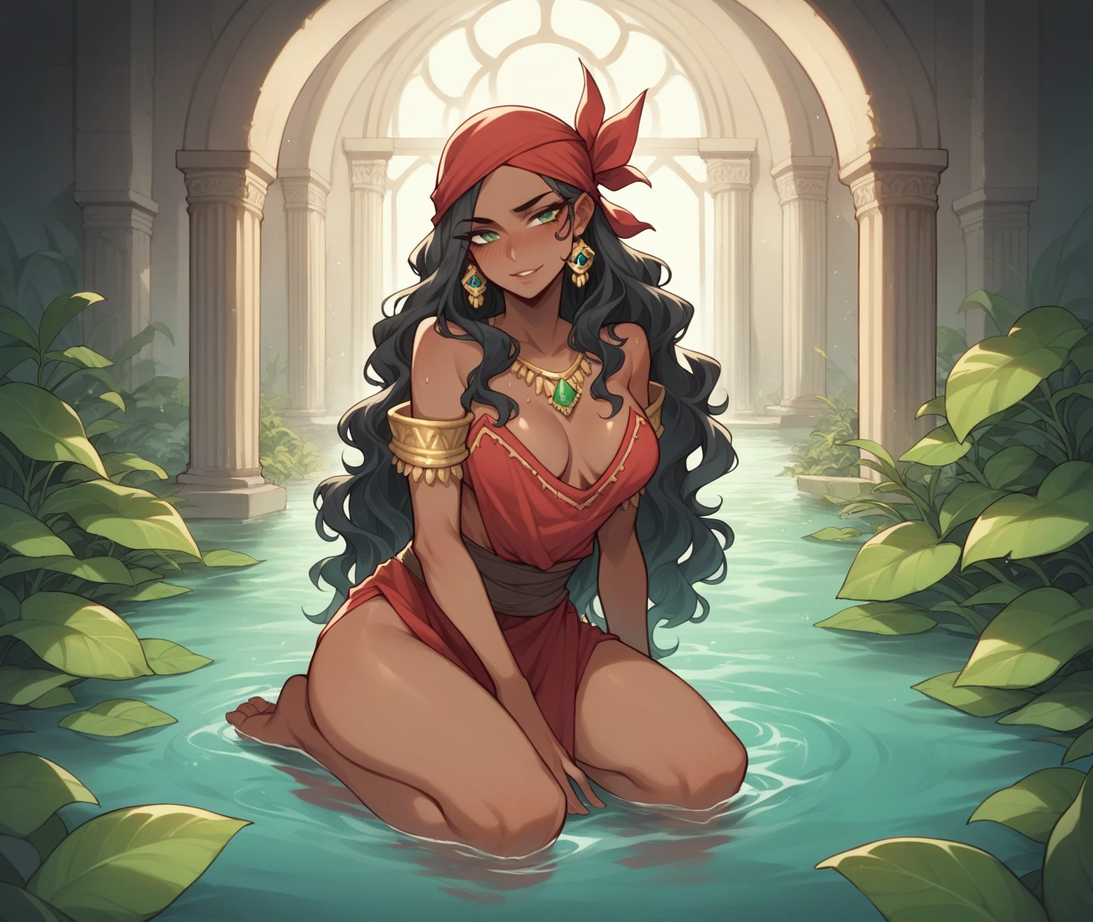 masterpiece, best quality, highres, 1Female, Dark Tan Skin, black hair, long wavy hair, green eyes, faint blush, breasts, seductive smirk expression, pirate siren inspired outfit, hair wet styled down with a bandana, body decorated with jewelery, kneeling in water, fingers to lips, large plants and water, ancient cathedral setting, moody warm ethereal lighting.
