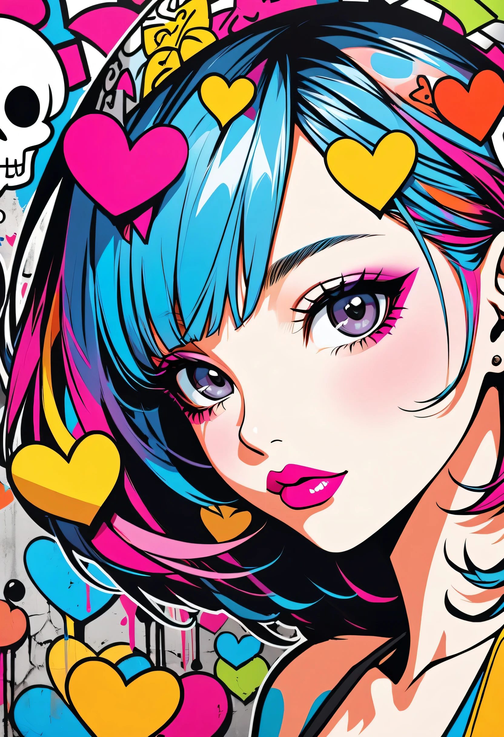 Ultra-realism Keith Haring colorful style, Simple Line Initialism,Abstract art,(((The most beautiful girl of all time))), Sweet face. Lips in love, colorful hearts, stylish design, Summer Skull, Dark Eyes, Graffiti on the wall