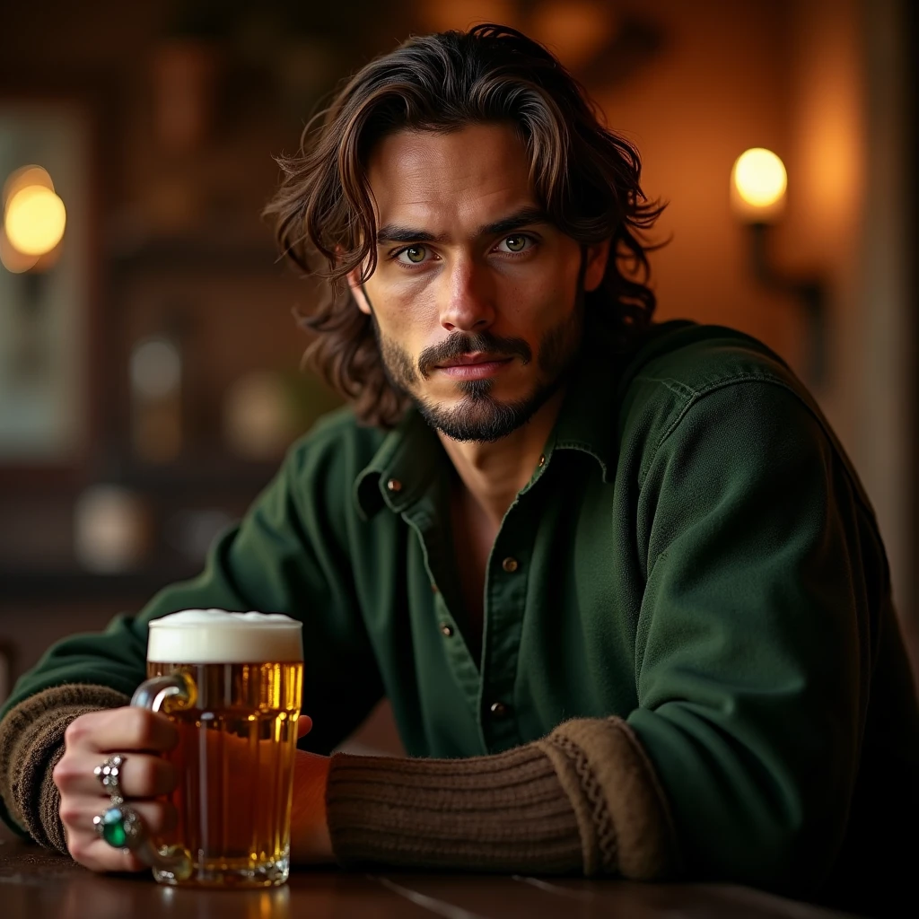 an attractive medieval man, 29-year-old man, brown hair and thin beard, shining green eyes, wearing a medieval citizen's shirt made of dark green wool, wearing a a ring with a bright green emerald, holding a medieval mug with draft beer, sitting on a medieval bar, cinematic angle, best quality, masterpiece, perfect anatomy, highres, ultra-detailed, 8k, detail, unique, aesthetics, HDR, Photorealistic, Hyperrealistic, Hyperdetailed, analog style, soft lighting, subsurface scattering