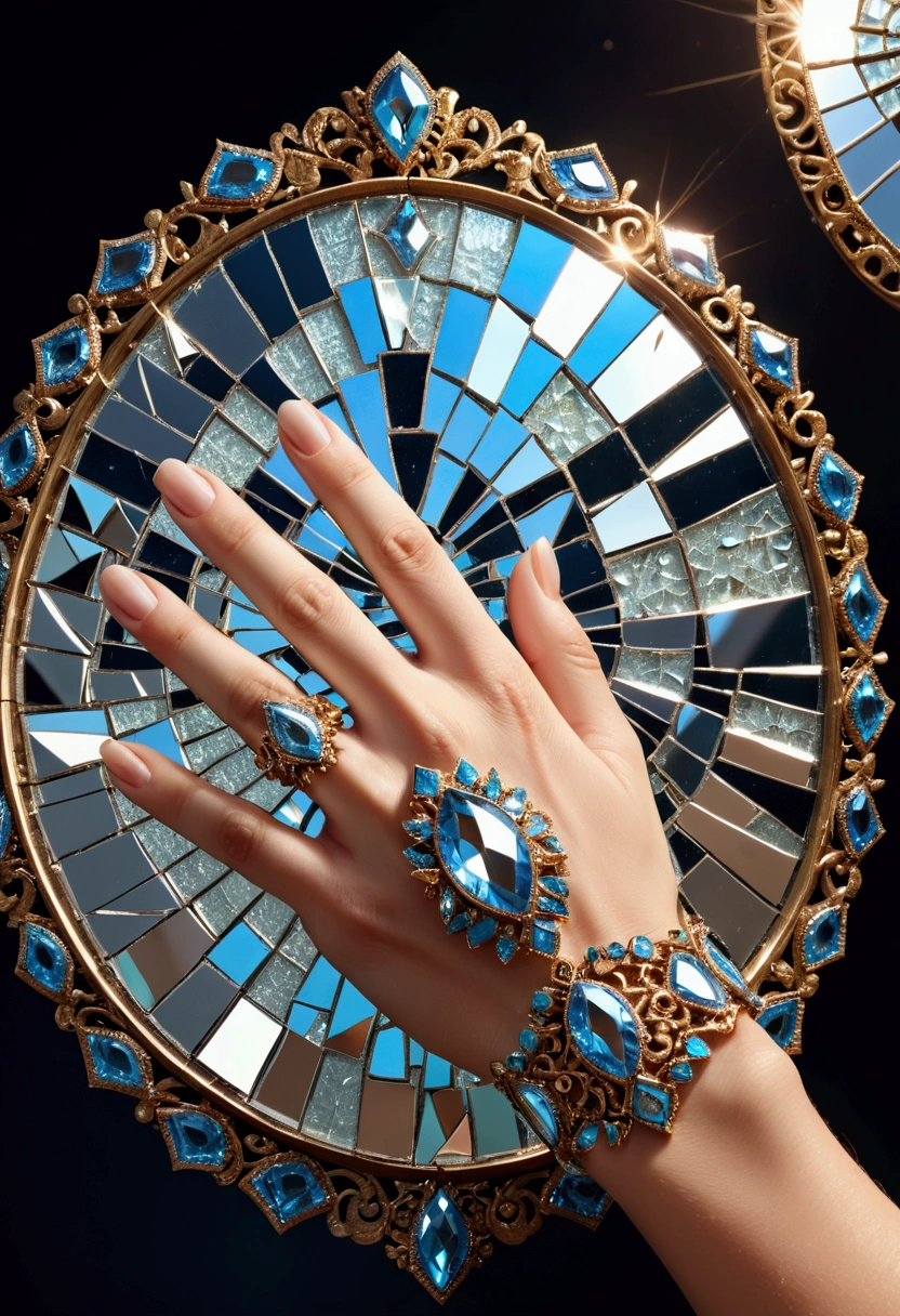 A detailed close-up shot of a hand, A mosaic of shattered mirrors , exploring the complexities .ornate jewelry, natural lighting, cinematic composition, high-quality, photorealistic, 8K, HDR, sharp focus, studio lighting, realistic rendering,