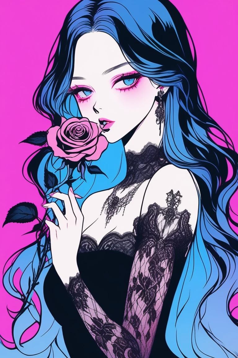 
Illustrator, anime , Realistic ,sketch , 1 person, model,Portrait, lip, A translucent gothic black mini dress with lots of lace.., order, Blue and pink gradient background, Neon-colored long hair, Big Breasts, She is holding a single rose in her mouth.., Sexy look, Sexy pose, Texture Trim, Russia, (masterpiece,Highest quality)