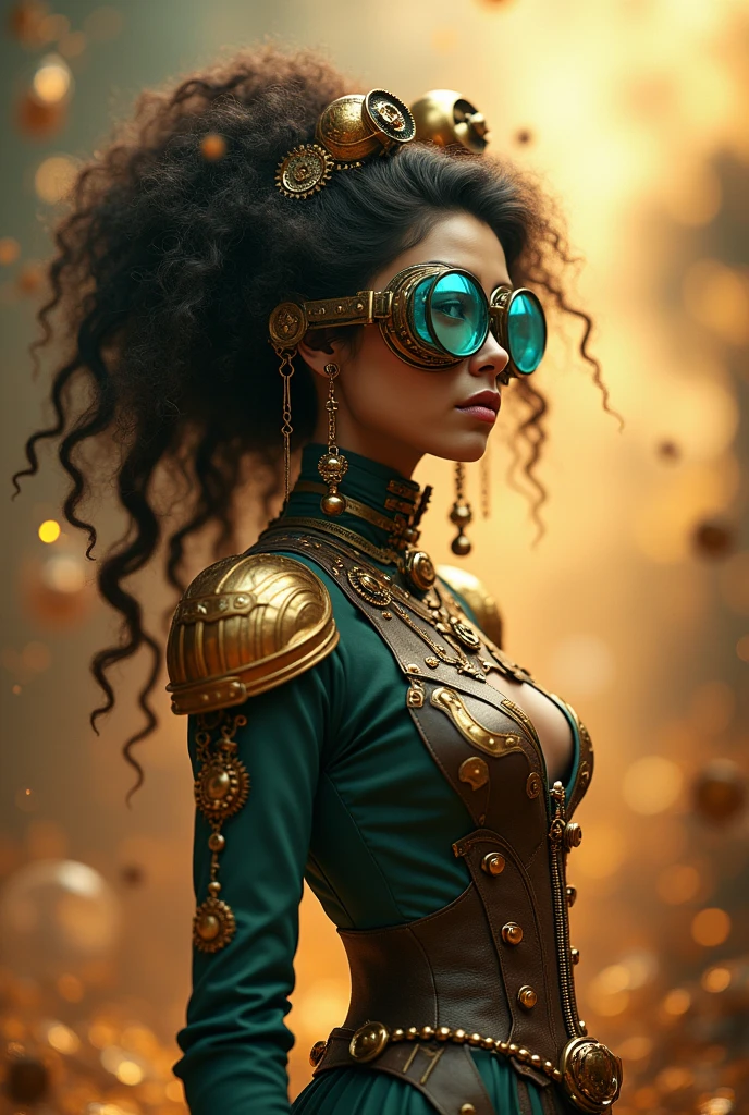 3d image of a steampunk woman, in the style of bella kotak, gold and cyan, photorealistic detail, dark fairy tales, detailed miniatures, artgerm, uhd image