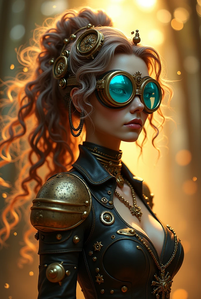 3d image of a steampunk woman, in the style of bella kotak, gold and cyan, photorealistic detail, dark fairy tales, detailed miniatures, artgerm, uhd image