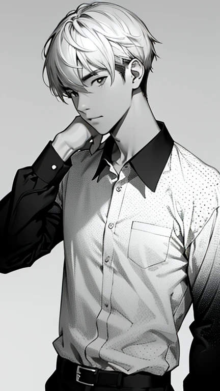 Black and white gradation polka dot background、A man in a black and white gradient shirt