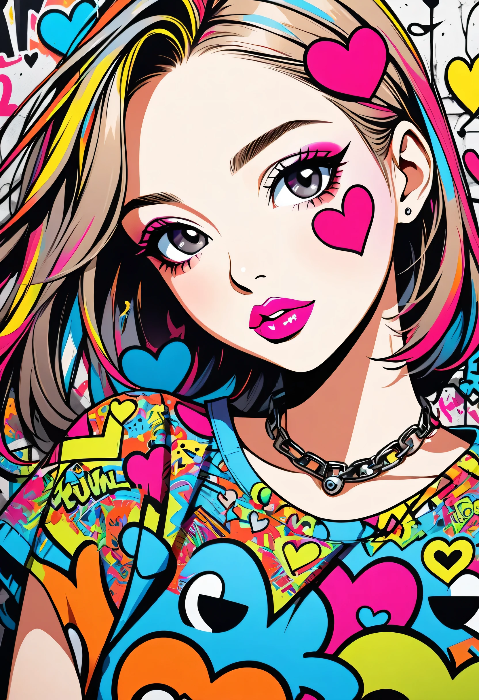 Ultra-realism Keith Haring colorful style, Simple Line Initialism,Abstract art,(((The most beautiful girl of all time))), Sweet face. Lips in love, colorful hearts, stylish design, Summer Skull, Dark Eyes, Graffiti on the wall