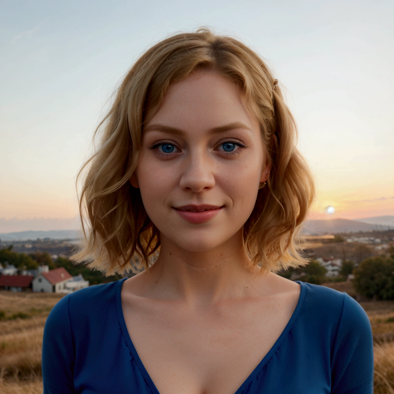 Create a photorealistic image of Anna, 25 years, with short blonde hair, neatly styled into soft waves. She has big blue eyes, straight nose and full lips, painted bright red and curved into a playful smile. Anna stands atop the hill against the backdrop of the sunset, her silhouette stands out sharply against the bright sky, accentuating her figure and elegance.