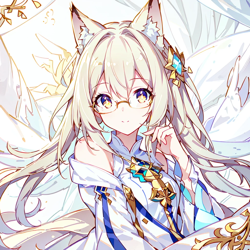 ((Best quality)), ((masterpiece)), (detailed), best quality,8k,original photo,White Fox Girl,touch fox,Castle Background, Liveliness. Carefree happy joy bokeh background. Quiet aesthetics. Soft lighting. Artistic Lighting. Gold frame glasses