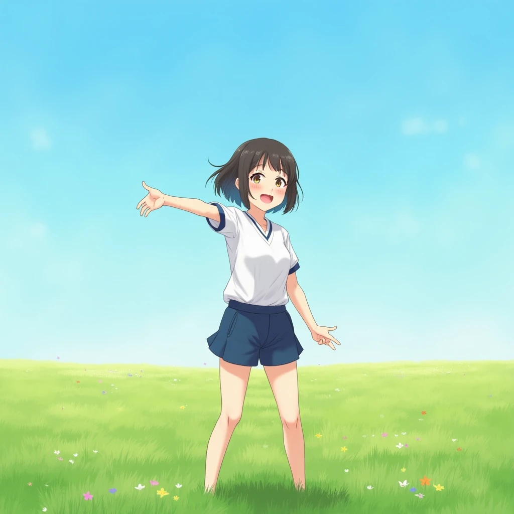 A sunny and cheerful scene set on a broad, green meadow beneath a clear blue sky. A young woman in her twenties, dressed in a traditional Japanese gym uniform (white top and navy shorts), stands with a bright, playful smile. She appears relaxed and happy, enjoying the pleasant, open surroundings. The gentle breeze makes the grass sway softly, and a few colorful wildflowers are scattered across the field in the distance. The atmosphere is lighthearted and peaceful.
