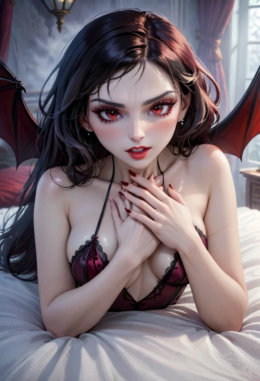 A vampiress seductress is caressing her body, close up on her hands as she caresses herself, foggy bedroom, lying on bed