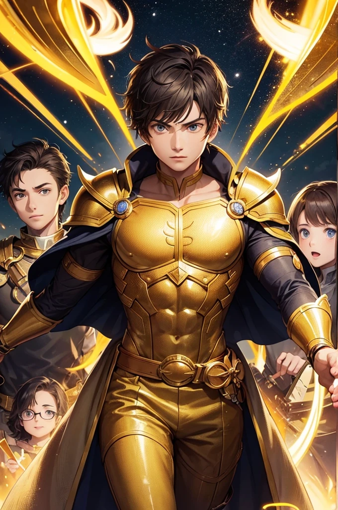 (book cover) Golden-powered young protagonist in the front, With his 6 friends behind him.