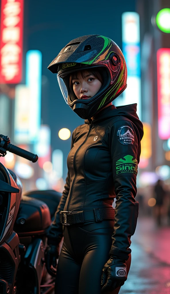 very beautiful Japanese high school girl, about to Ride on a off-road motorcycle, at downtown at night, dramatic scene, masterpiece, (face focus:1.3), clear helmet visor, beautiful eyes, Kawasaki bike, Shoei helmet, (wearing off-road rider's outfits)