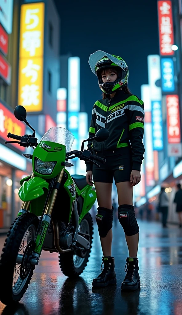 very beautiful Japanese high school girl, about to Ride on a off-road motorcycle, at downtown at night, dramatic scene, masterpiece, (face focus:1.3), clear helmet visor, beautiful eyes, Kawasaki bike, Shoei helmet, (wearing off-road rider's outfits)