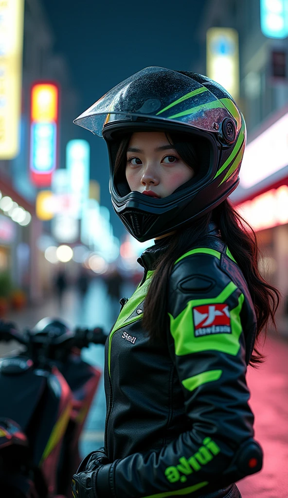 very beautiful Japanese high school girl, about to Ride on a off-road motorcycle, at downtown at night, dramatic scene, masterpiece, (face focus:1.3), clear helmet visor, beautiful eyes, Kawasaki bike, Shoei helmet, (wearing off-road rider's outfits)