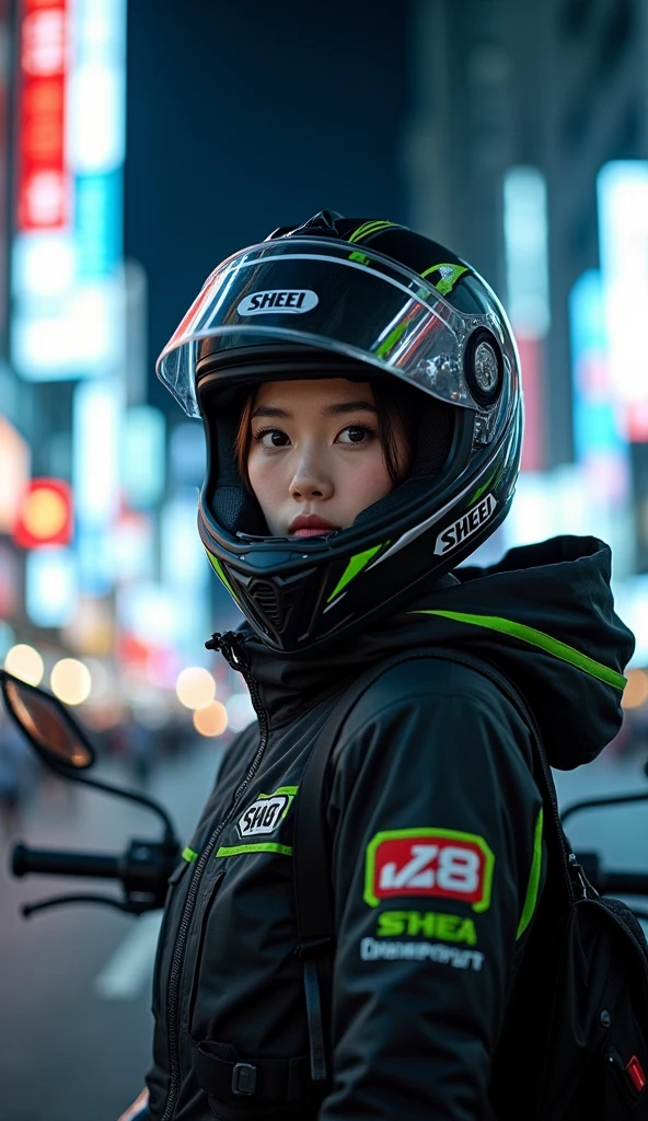 very beautiful Japanese high school girl, about to Ride on a off-road motorcycle, at downtown at night, dramatic scene, masterpiece, (face focus:1.3), clear helmet visor, beautiful eyes, Kawasaki bike, Shoei helmet, (wearing off-road rider's outfits)