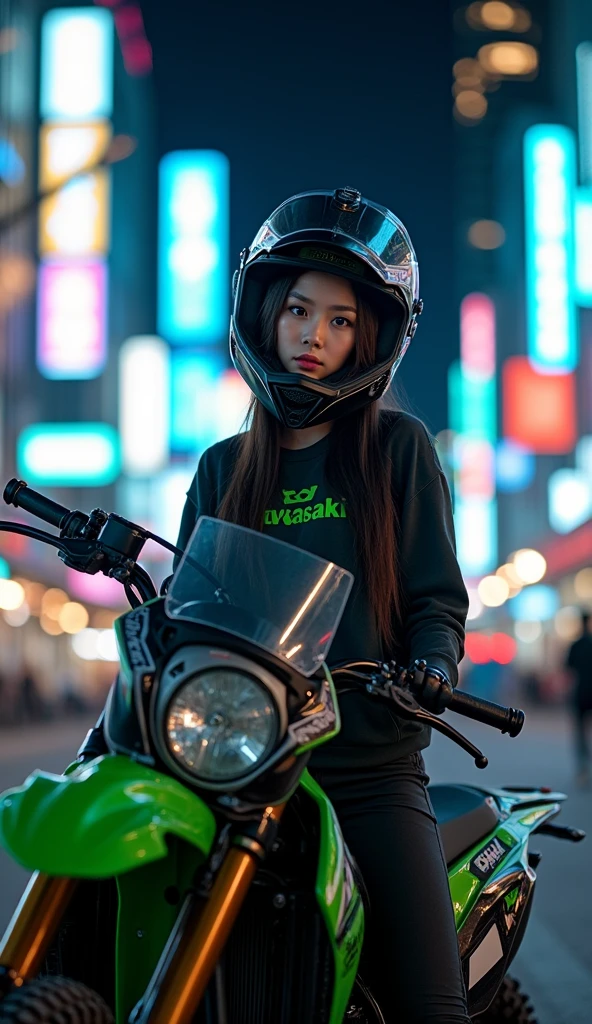 very beautiful Japanese high school girl, about to Ride on a off-road motorcycle, at downtown at night, dramatic scene, masterpiece, (face focus:1.3), clear helmet visor, beautiful eyes, Kawasaki bike, Shoei helmet, (wearing off-road rider's outfits)