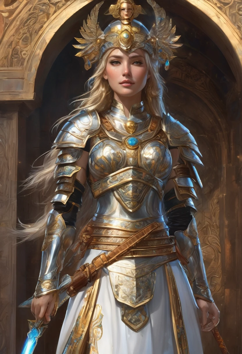A beautiful portrait of a goddess wearing beautiful, artistic Greek-style armor.,((Highest quality)),(超High resolution),(Very detailed),(Detailed Description),((The best CG)),Detailed Art,Amazing painting art,(精密なディテールを備えたFantasy art:1.5),Armor with great attention to detail:1.6,Intricate and fine decoration:1.7, Crystal Sparkle:1.6,((masterpiece, Highest quality, Very detailedCG, unity 8k wallpaper )),Official Art,Very detailed,Most detailed, Fantasy art, 8K High Resolution, Detailed Art,Goddess Athena,Valkyrie,wilderness,Mythological battle, Ragnarok,Very detailed Most detailed, High resolution, Impressive visuals,Silver armor adorned with extremely beautiful and delicate gold decorations,Very detailedな鎧,Holding a sword,Very detailedな剣,Perfect Face,Detailed facial depiction,Full Armor,Mature Woman,Beautifully detailed helmet,Blonde