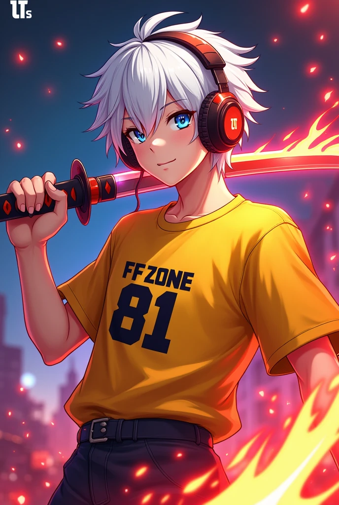 bing image gaming logo later :- anime logo, 16 year old male, white hair wearing headphones, holding a katana with a red aura effect, wearing a yellow esports shirt, on the shirt there is the word "FF ZONE 81" with flames burning,