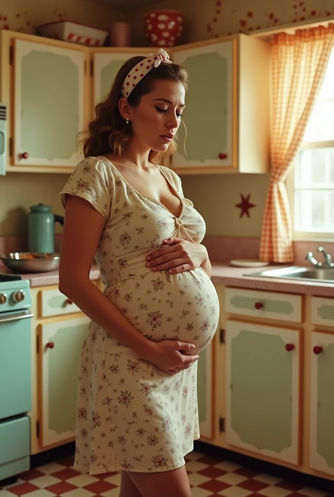 I pregnant 1950's housewife crying in a vintage kitchen 