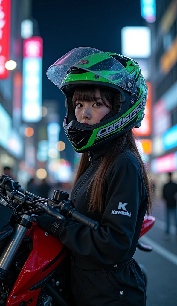very beautiful Japanese high school girl, about to Ride on a off-road motorcycle, at downtown at night, dramatic scene, masterpiece, (face focus:1.3), clear helmet visor, beautiful eyes, Kawasaki bike, Shoei helmet, (wearing off-road rider's outfits)