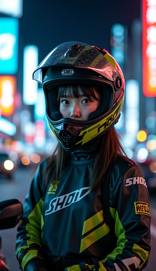 very beautiful Japanese high school girl, about to Ride on a off-road motorcycle, at downtown at night, dramatic scene, masterpiece, (face focus:1.3), clear helmet visor, beautiful eyes, Kawasaki bike, Shoei helmet, (wearing off-road rider's outfits)