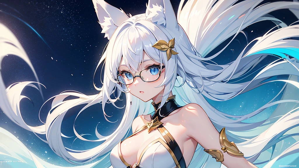 best quality, 8k, original photo, Ridiculous, Extremely detailed, Fox ears,baby face, No makeup, Provocative expressions,slim, Perfect proportion, White straight hair, (wind, wind-effect), blue eyes, Various visual styles for backgrounds,combines various artistic elements,like a sparkling iridescent rainbow,White Fox Girl,swimsuit,Gold frame glasses