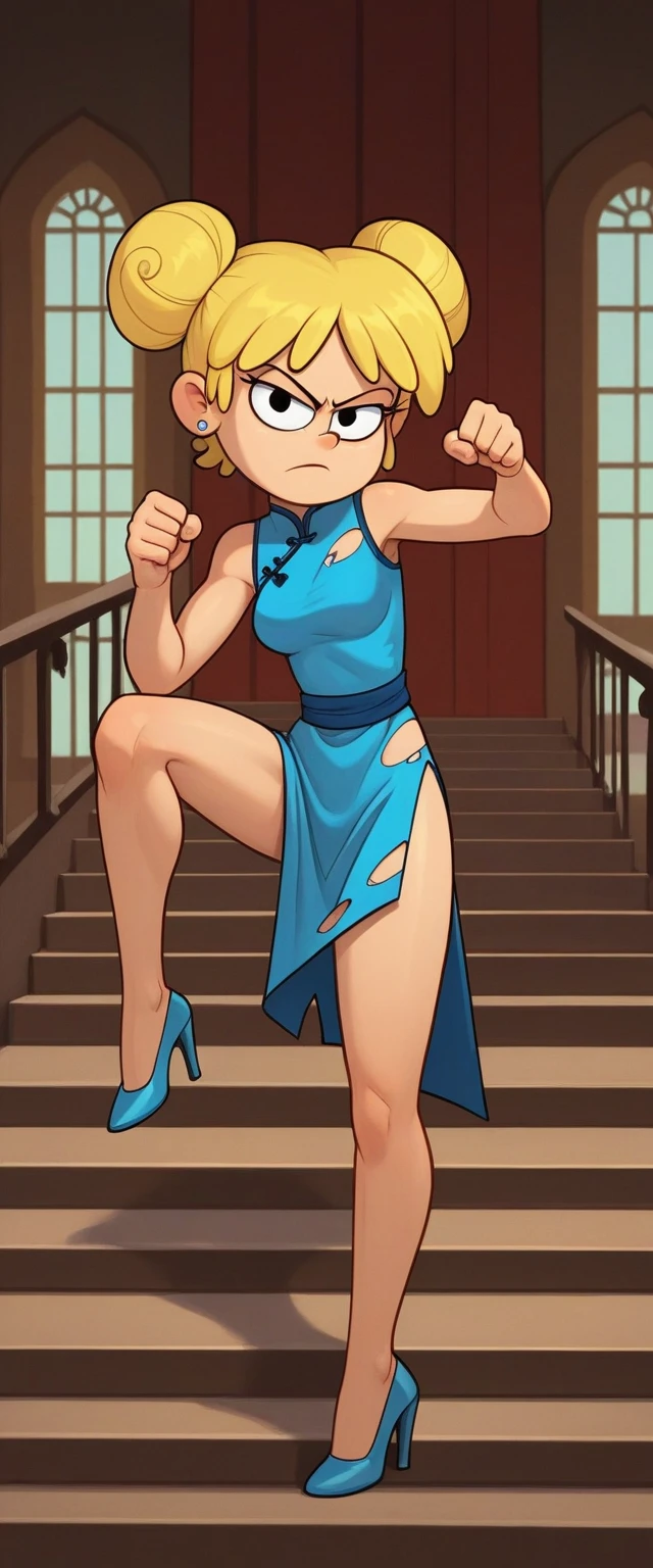 lori loud, 1girl, solo, 24yo girl,torn blue cheongsam,  inside of a chinese style temple, looking at viewer, blonde hair, short hair, two hair buns , hands  score_9, score_8_up, score_7_up, high heels,teep fighting stance,martial arts, guarding the stairs, stairs behind her