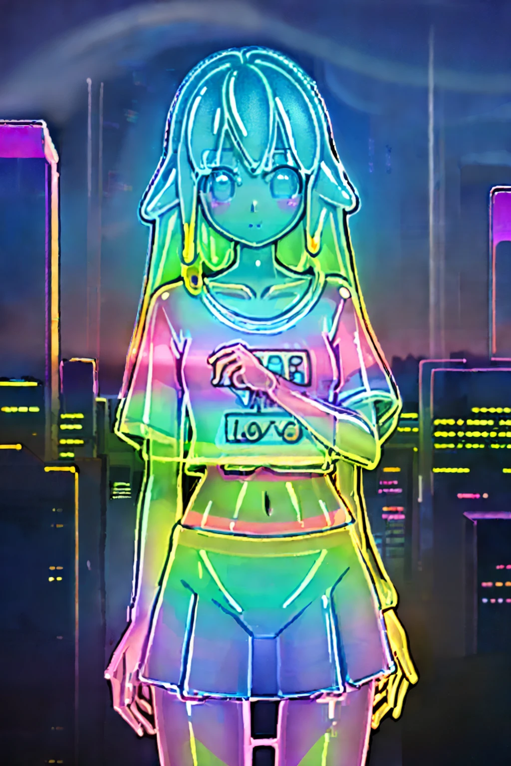 A holographic kawaii neon-colored town with a cute invisible person wearing a mini skirt and T-shirt, holographic anime style pastel colors, see-through, transparent ((Masterpiece High Image Quality)) background metallic office district invisible man digital art fantasy digital art invisible man in metallic cityscape