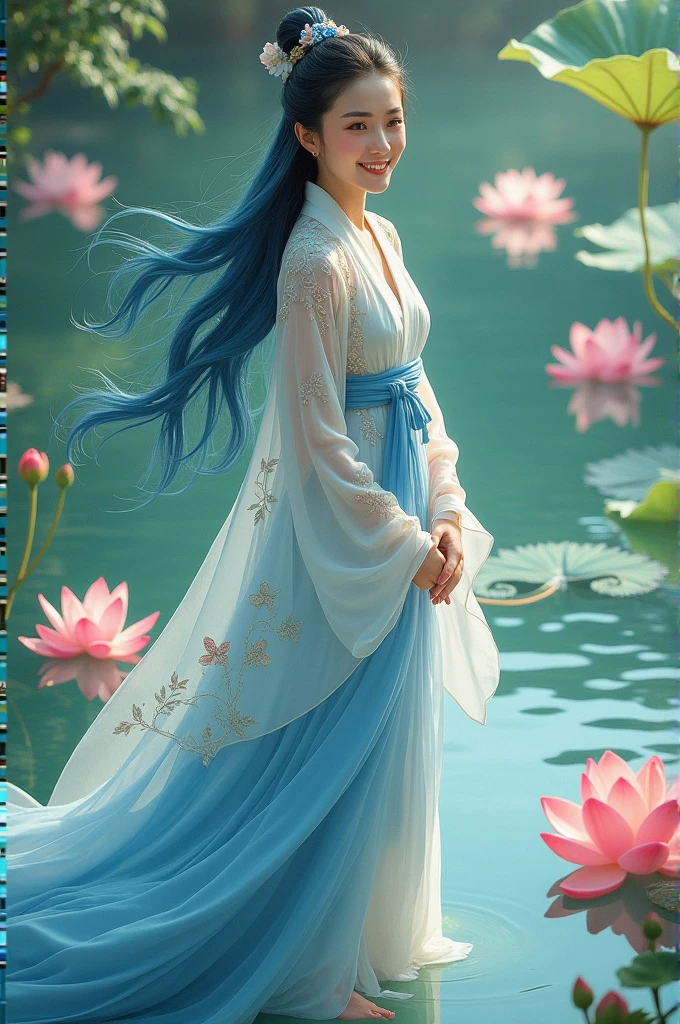 ((4k,masterpiece,best quality)), shuimobysim, Chinese painting, lotus, hanfu, maxiskit, dress open, swf 1girl, solo, long blue hair, smile, standing, feet in the water, barefoot,