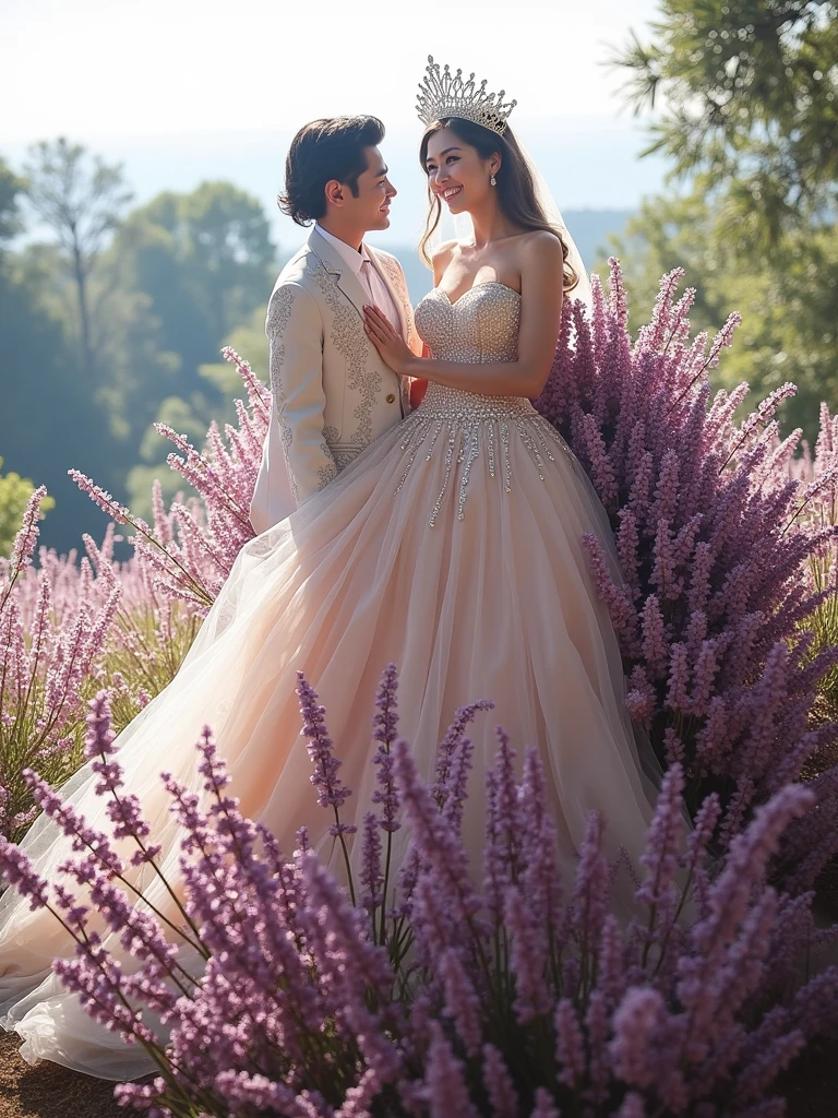 Create a bride in a white dress.embroidered with lavender made of diamonds. A crown at her wedding with a 30-year-old Asian man who looks at her with fascination and love. 